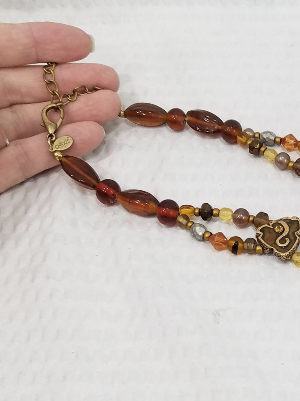 Signed Chico's Olive Cognac Crystal & Brass Multi Strand Pendant Choker Necklace - Picture 5 of 6